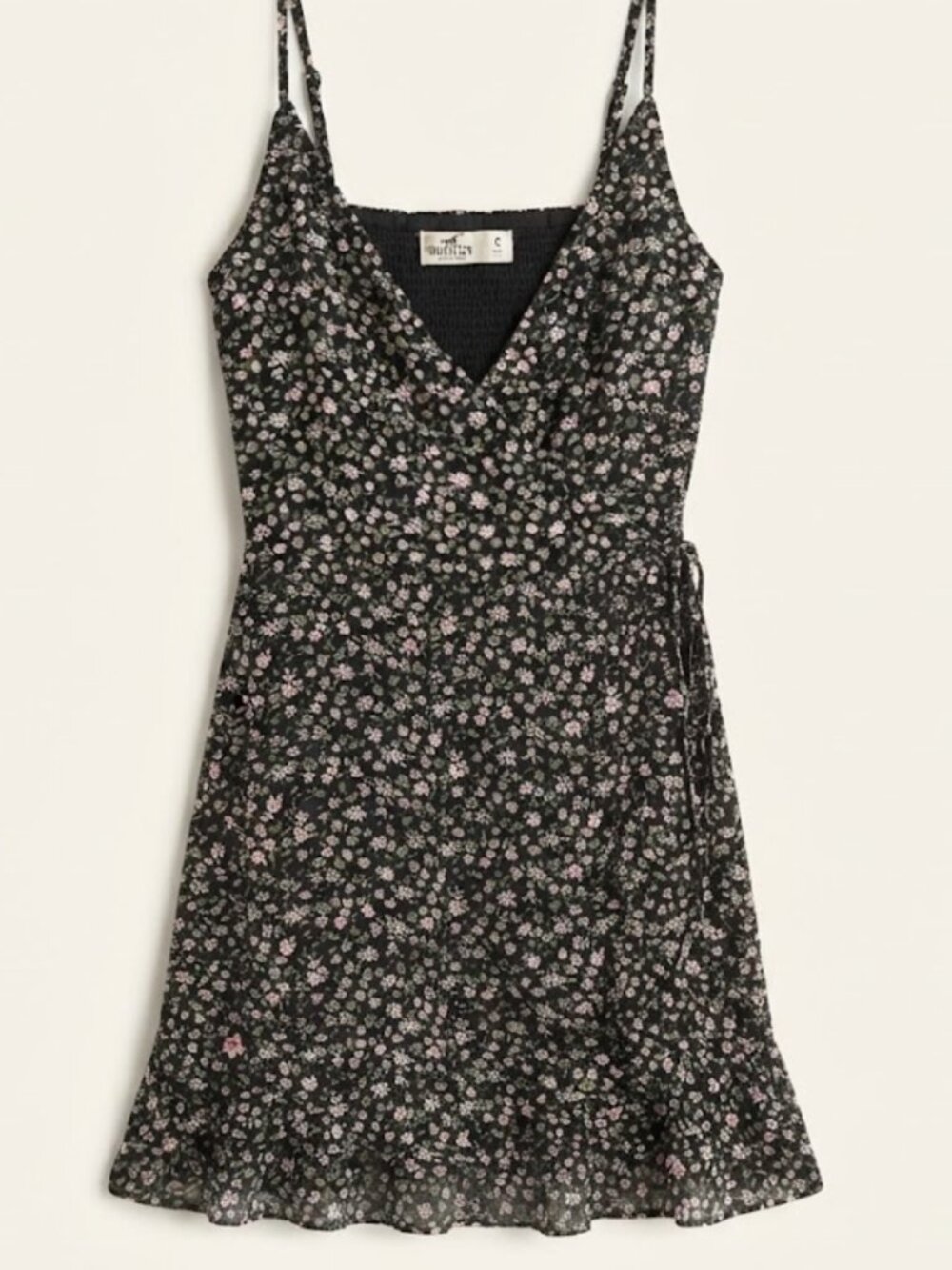 Hollister Black Floral Mini Dress Size Small Ruffle Wrap V-Neck Y2K